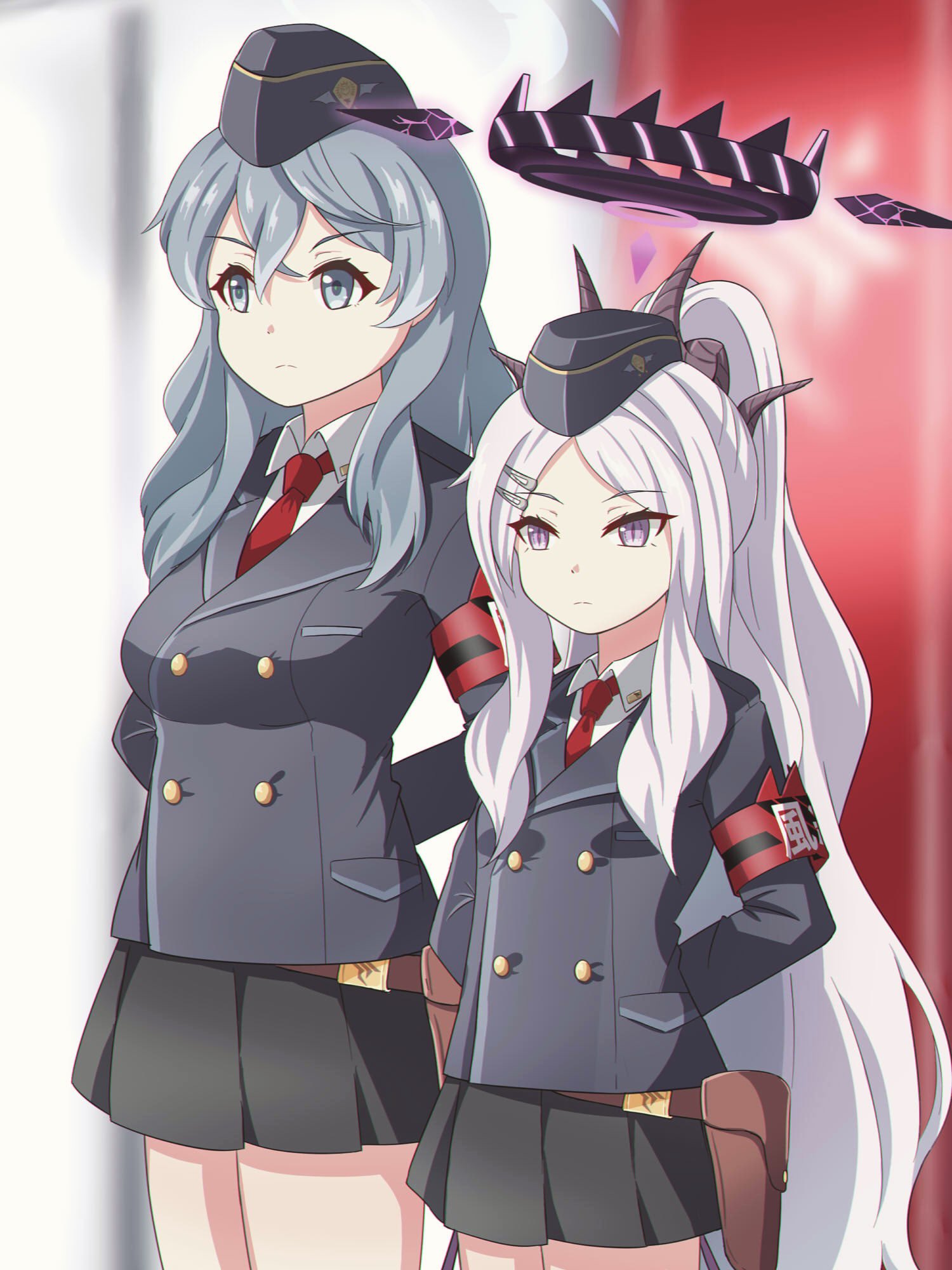 2girls, ahoge, ako_(blue_archive), alternate_costume, armband, arms_behind_back, banner, belt