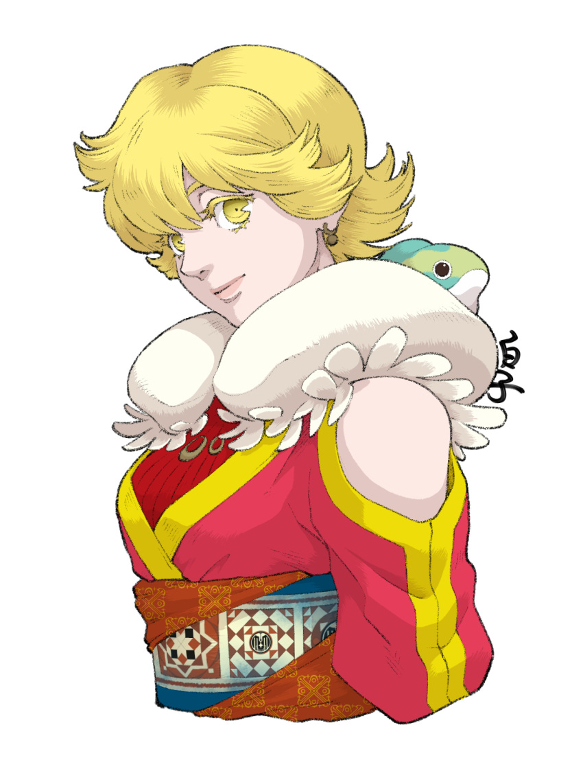 1girl, baten_kaitos, blonde_hair, breasts, closed_mouth, creature, earrings, highres