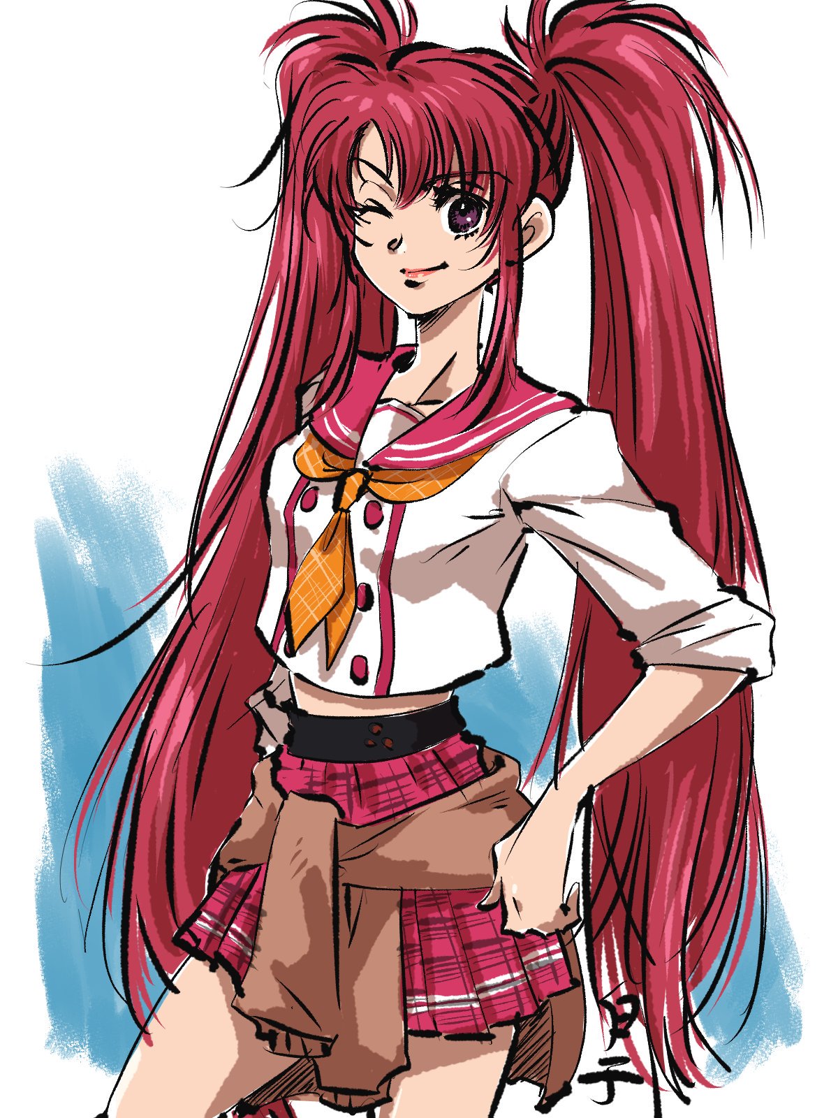 1girl, breasts, clothes_around_waist, commentary_request, highres, lipstick, long_hair, looking_at_viewer, makeup, nanaly_fletch, one_eye_closed, pleated_skirt, purple_eyes, red_hair, shirako_(kirupi), simple_background, skirt, smile, solo, tales_of_(series), tales_of_destiny_2, twintails, white_background