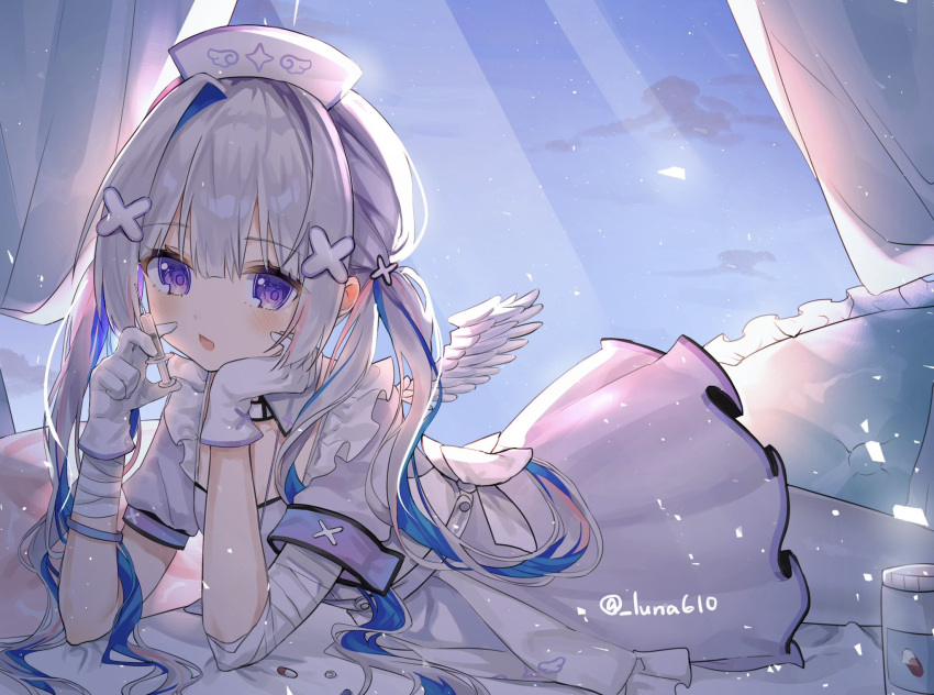 1girl, amane_kanata, amane_kanata_(4th_costume), angel_wings, apron, bandaged_arm, bandages, blue_hair, blush, colored_inner_hair, curtains, dress, feathered_wings, frills, gloves, grey_hair, hair_ornament, hat, head_rest, highres, hololive, long_hair, looking_at_viewer, luna_(luna610), lying, multicolored_hair, nurse, nurse_cap, on_stomach, open_mouth, pantyhose, pillow, short_sleeves, single_hair_intake, solo, streaked_hair, twintails, twitter_username, violet_eyes, virtual_youtuber, white_apron, white_dress, white_gloves, white_headwear, white_pantyhose, wings, x_hair_ornament