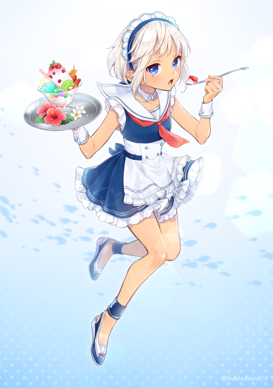 1girl, apron, blue_dress, blue_eyes, detached_collar, dress, eating, fish
