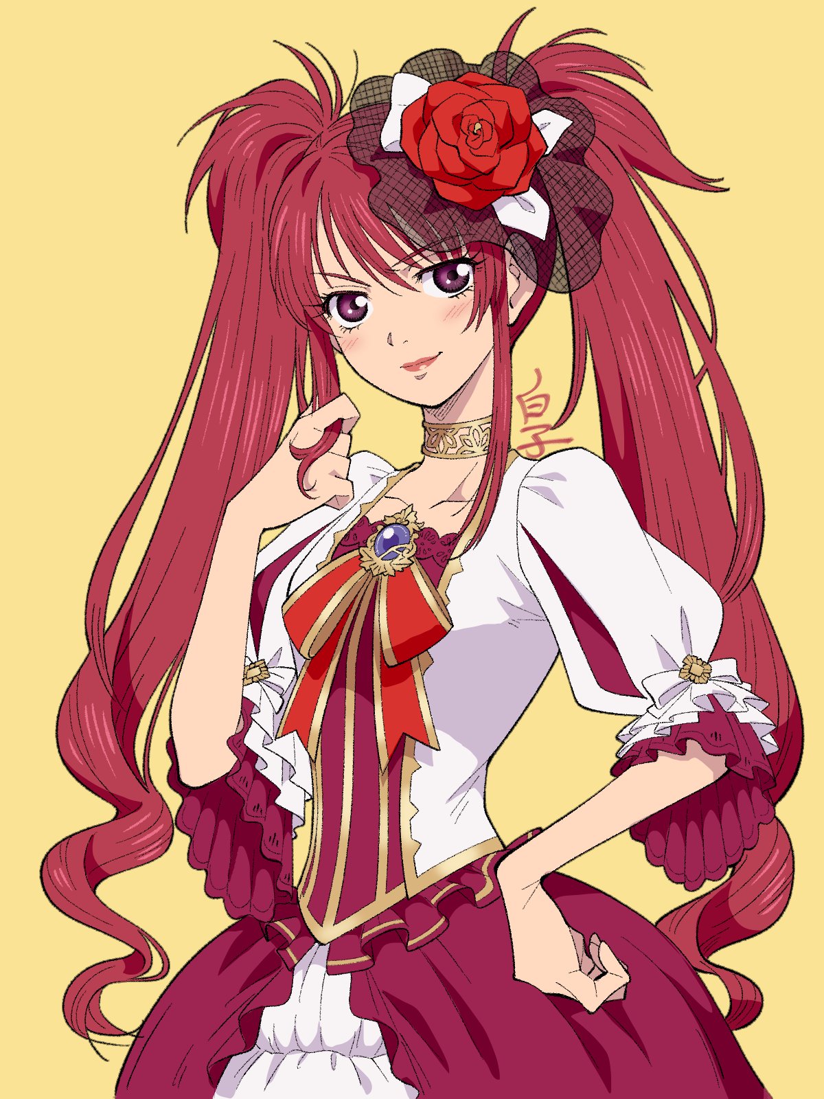 1girl, blush, breasts, choker, closed_mouth, collarbone, dress, flower, hair_flower, hair_ornament, highres, lipstick, long_hair, looking_at_viewer, makeup, nanaly_fletch, redhead, shirako_(kirupi), simple_background, smile, solo, tales_of_(series), tales_of_destiny_2, twintails, violet_eyes