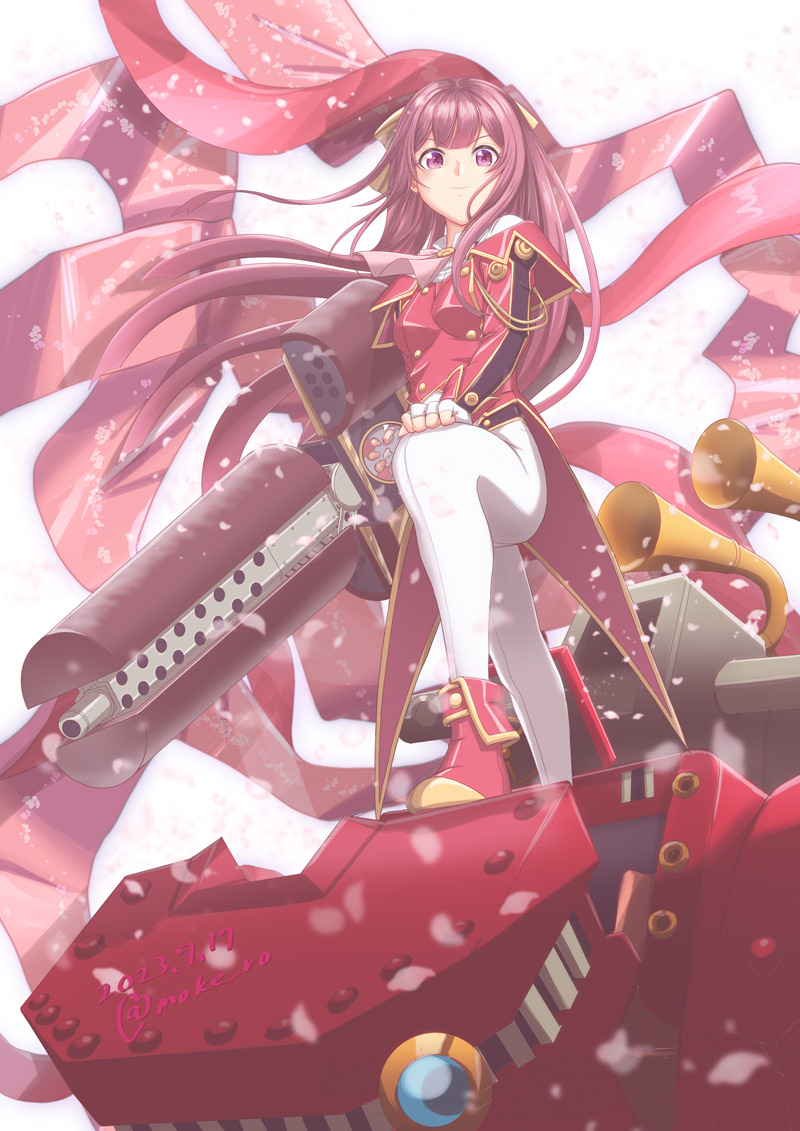 1girl, boots, bow, bowtie, coattails, cosplay, gun, hair_bowtie, kamikaze_(kancolle), kantai_collection, koubu, long_hair, looking_at_viewer, moke_ro, pants, purple_hair, red_eyes, red_footwear, red_shirt, sakura_taisen, shirt, smile, solo, standing, weapon, white_pants, yellow_bow, yellow_bowtie