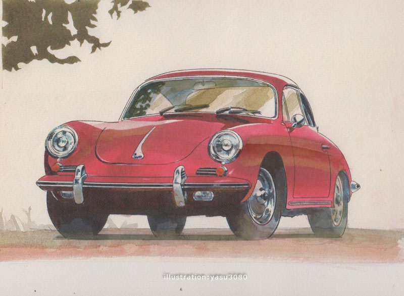 artist_name, car, motor_vehicle, no_humans, original, painting_(medium), porsche, porsche_356, red_car, road, shadow, simple_background, traditional_media, tree, twitter_username, vehicle_focus, watercolor_(medium), white_background, yasuyuki3080