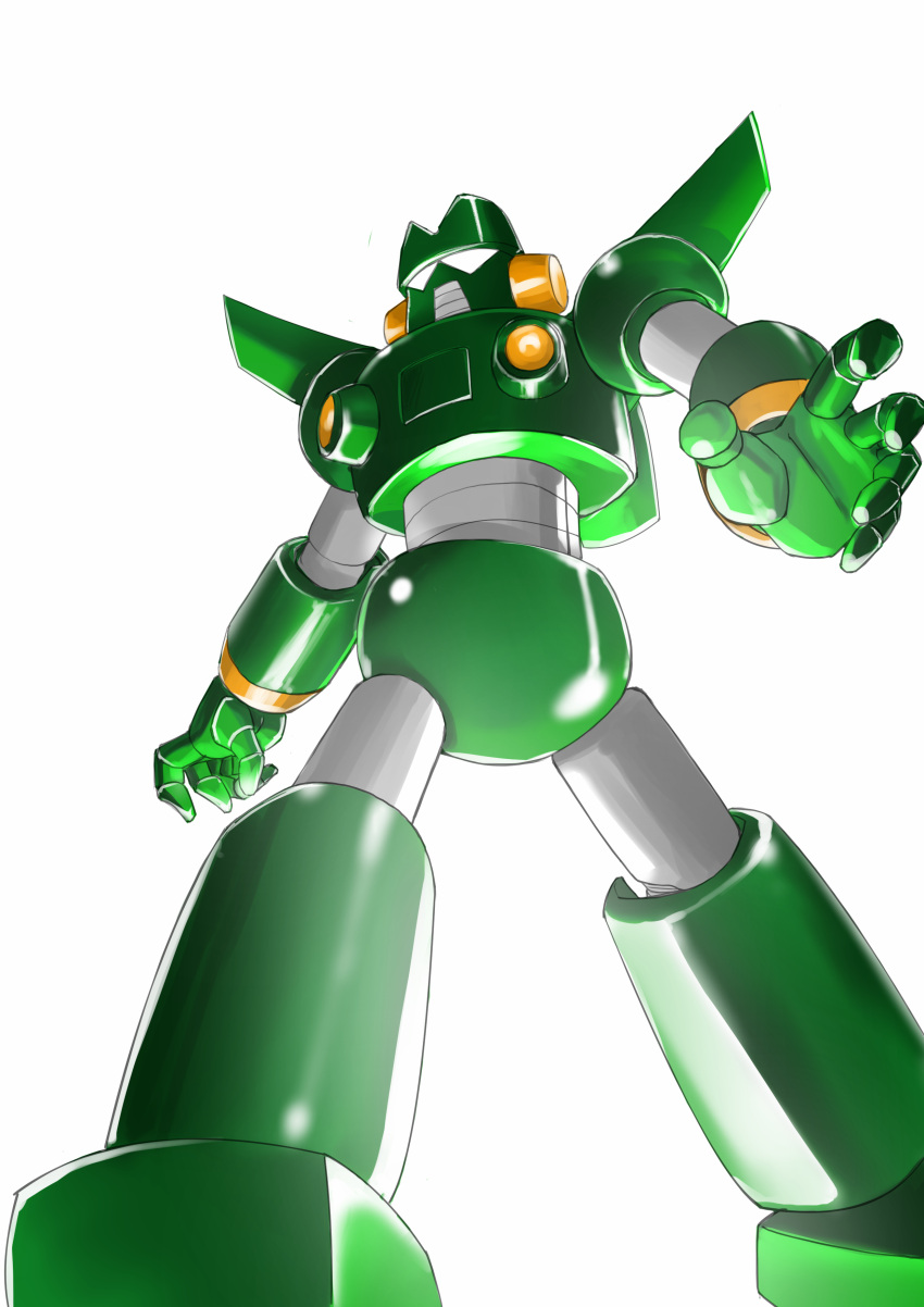 absurdres, crayon_shin-chan, highres, juuta-rou, kantam_robo, looking_to_the_side, mecha, mechanical_wings, no_humans, open_hand, robot, science_fiction, simple_background, solo, super_robot, white_background, white_eyes, wings