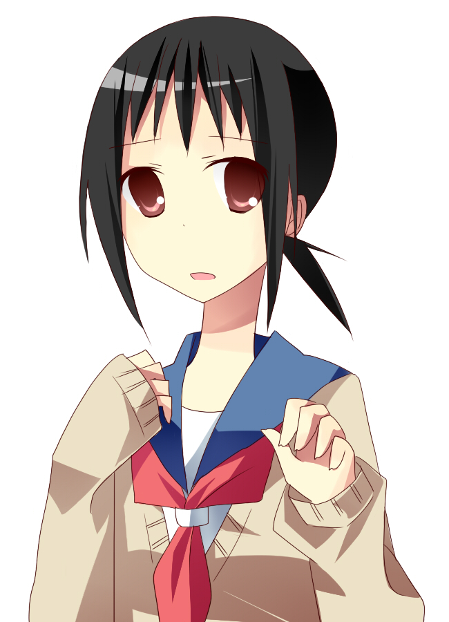 brown_eyes, hand_on_chest, hand_on_own_chest, izakiai, kaga_ai, long_sleeves, open_mouth, payot