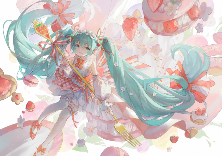 1girl, :d, blue_eyes, blue_hair, bow, bowtie, cookie, floating, floating_hair, flower, food, fork, frilled_shirt, frilled_skirt, frills, fruit, full_body, grin, hair_between_eyes, hair_bow, hatsune_miku, high_heels, holding, holding_fork, legwear_garter, long_hair, looking_at_viewer, macaron, open_mouth, ouu_min, oversized_object, red_bow, red_bowtie, red_footwear, shirt, sidelocks, skirt, sleeveless, sleeveless_shirt, smile, solo, strawberry, strawberry_miku_(morikura), teeth, thigh-highs, twintails, very_long_hair, vocaloid, white_flower, white_shirt, white_skirt, white_thighhighs