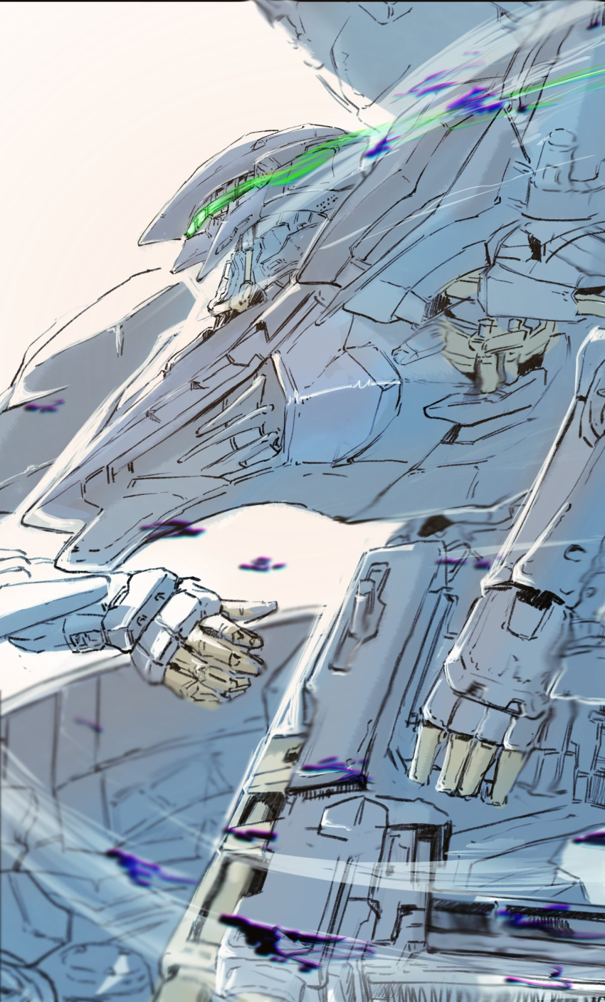 armored_core, armored_core_6, assault_visor, brown_background, glowing, gun, highres, holding, holding_gun, holding_weapon, mecha, no_humans, profile, robot, san-ban_senji_cha_gubigubi, science_fiction, weapon, wings