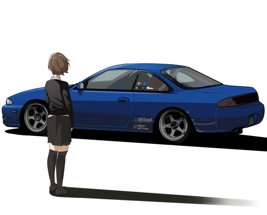 1girl, asamiya_mariko, black_footwear, black_sweater, black_thighhighs, brown_hair, car, collared_shirt
