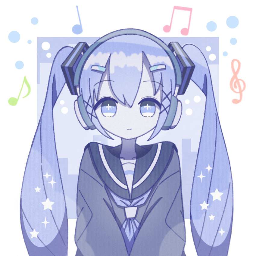 +_+, 1girl, black_serafuku, blue_background, blue_eyes, blue_hair, blue_neckerchief, blue_theme