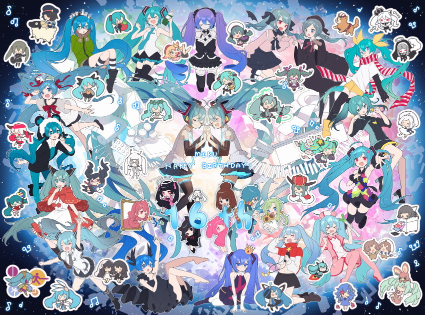 1000-nen_ikiteru_(vocaloid), 6+girls, :d, absurdres, ahoge, ai_kotoba_(vocaloid), anti_the_infinite_holic_(vocaloid), arifureta_sekai_seifuku_(vocaloid)