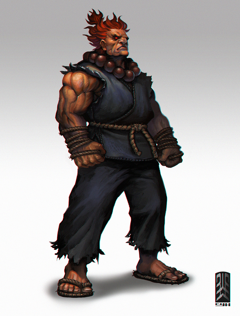 1boy, akuma_(street_fighter), angry, bead_necklace, beads, dougi, english_commentary, fighting_stance, gradient_background, highres, jewelry, liquid_syndrome, muscular, necklace, official_art, official_style, ponytail, promotional_art, red_eyes, redhead, sandals, serious, signature, street_fighter, torn_clothes