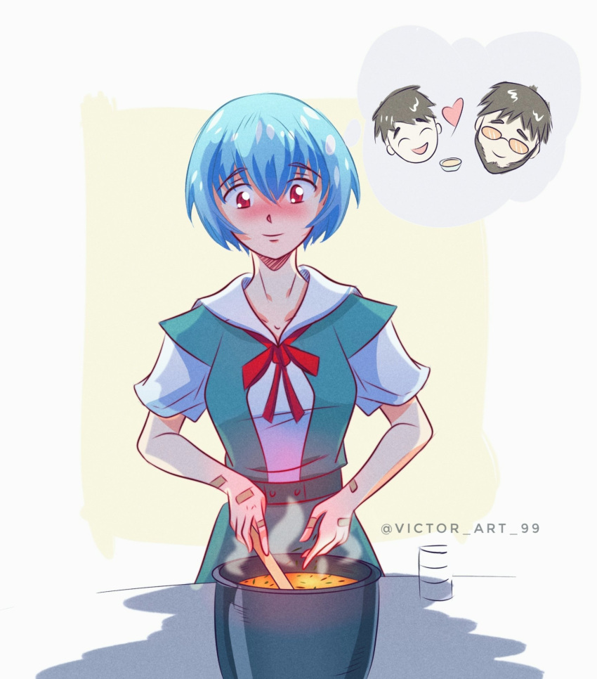1girl, 2boys, aqua_dress, artist_name, ayanami_rei, bandaid, bandaid_on_hand, bandaid_on_wrist, beard, blouse, blue_hair, bow, bowl, bowtie, breasts, brown_hair, can, closed_mouth, cookie, cooking, disembodied_head, dress, facial_hair, father_and_son, food, hair_between_eyes, heart, highres, ikari_gendou, ikari_shinji, instagram_username, looking_at_food, looking_at_object, medium_breasts, multiple_boys, neck_ribbon, neon_genesis_evangelion, open_mouth, orange-tinted_eyewear, outside_border, pinafore_dress, red_bow, red_bowtie, red_eyes, red_ribbon, ribbon, round_eyewear, school_uniform, shirt, short_hair, sleeveless, sleeveless_dress, smile, solo_focus, soup, stirring, sunglasses, table, thought_bubble, tinted_eyewear, tokyo-3_middle_school_uniform, victor_art_99, white_shirt, wooden_spoon, yellow_background