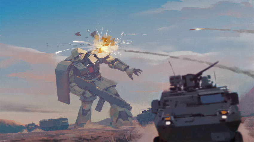 absurdres, armored_vehicle, battle, caravan, clouds, contrail, damaged, debris