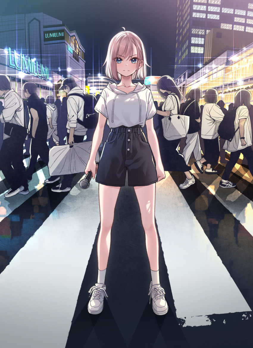 1girl, black_shorts, blonde_hair, blue_eyes, bob_cut, crosswalk, highres, holding