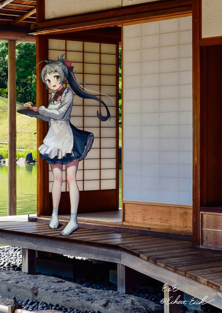1girl, apron, blue_skirt, commentary_request, day, eckert&amp;eich, green_eyes, green_hair, highres, irako_(kancolle), kantai_collection, kappougi, long_hair, looking_at_viewer, one-hour_drawing_challenge, outdoors, photo_background, pleated_skirt, pond, ponytail, skirt, sliding_doors, solo, standing, tray, veranda, wooden_floor