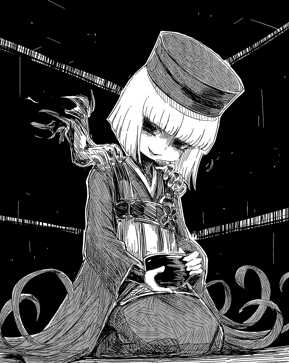 1girl, blunt_bangs, chajinbou, cup, fate/grand_order, fate_(series), ghost_hands, greyscale, hat, highres, holding, holding_cup, japanese_clothes, kimono, looking_at_viewer, monochrome, parted_lips, riyo_(lyomsnpmp), seiza, sen_no_rikyu_(fate), sen_no_rikyu_(first_ascension)_(fate), short_hair, sitting, smile, solo