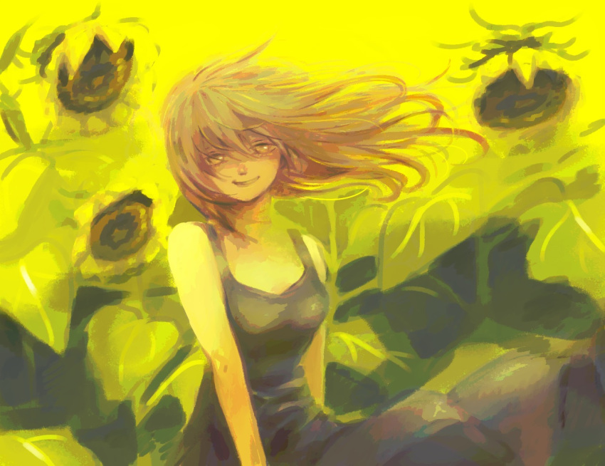 1girl, bare_shoulders, breasts, dress, floating_hair, flower, grey_dress, hair_between_eyes