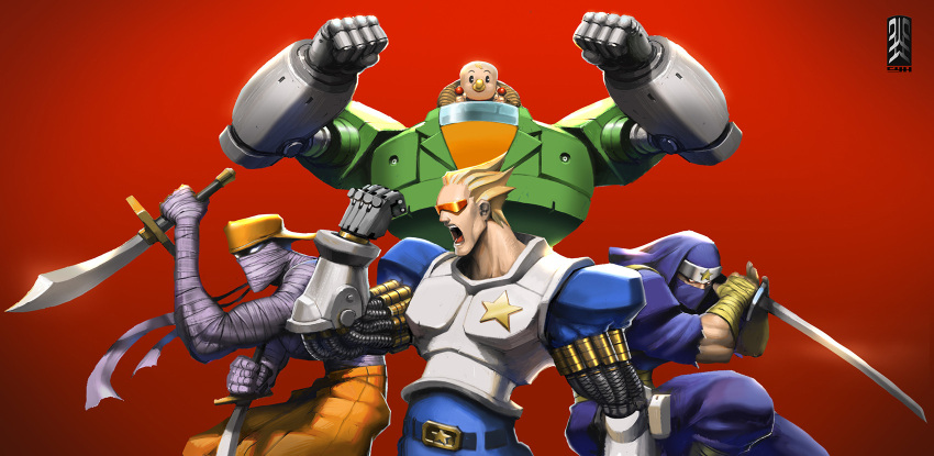 4boys, armor, baby, belt, blonde_hair, capcom, captain_commando, captain_commando_(character), fantasy, fighting_stance, gradient_background, hat, highres, hoover_(captain_commando), jennety, katana, liquid_syndrome, mecha, multiple_boys, mummy, ninja, official_art, official_style, power_suit, promotional_art, robot, science_fiction, scimitar, shou_(captain_commando), shouting, signature, star_(symbol), sunglasses, sword, weapon