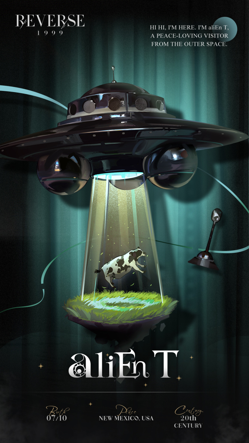 alien_t, aqua_background, aqua_curtains, character_name, copyright_name, cow, curtains, english_text, flying_saucer, grass, highres, logo, no_humans, object_focus, official_art, radio_antenna, reverse:1999, shadow, spacecraft, spotlight, traction_beam, ufo