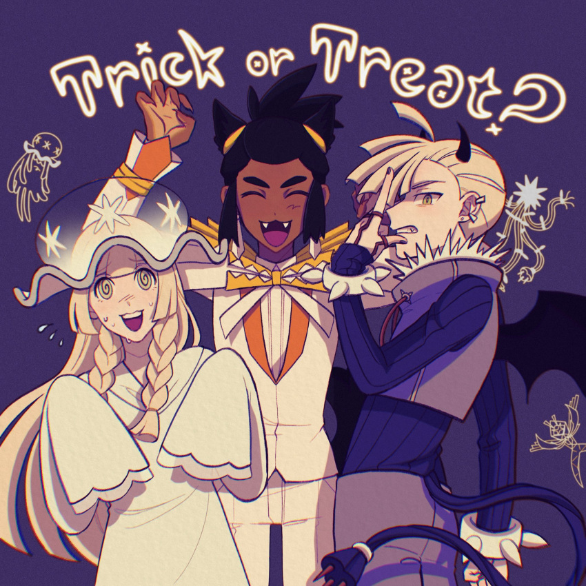 1girl, 2boys, :d, @_@, blonde_hair, blunt_bangs, closed_eyes, commentary, cosplay, dark-skinned_male, dark_skin, dress, fangs, flying_sweatdrops, gladion_(pokemon), green_eyes, halloween, halloween_costume, hat, hau_(pokemon), highres, horns, kartana, kartana_(cosplay), lillie_(pokemon), long_hair, multiple_boys, nail_polish, nihilego, nihilego_(cosplay), open_mouth, pokemon, pokemon_(game), pokemon_sm, sleeves_past_fingers, sleeves_past_wrists, smile, submashell, tongue, trick_or_treat, vest, white_dress, xurkitree, xurkitree_(cosplay)