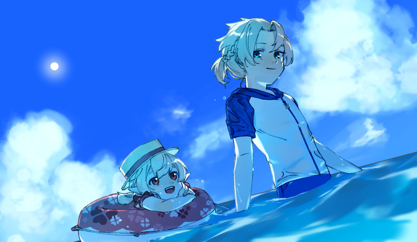 1boy, 1girl, albedo_(genshin_impact), alternate_costume, alternate_hairstyle, blue_eyes, blue_sky, blush