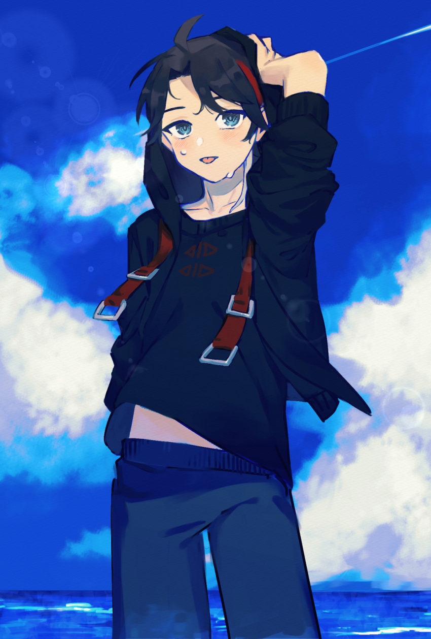 1boy, black_hair, black_jacket, black_shirt, blue_eyes, blue_pants, clouds, contrail