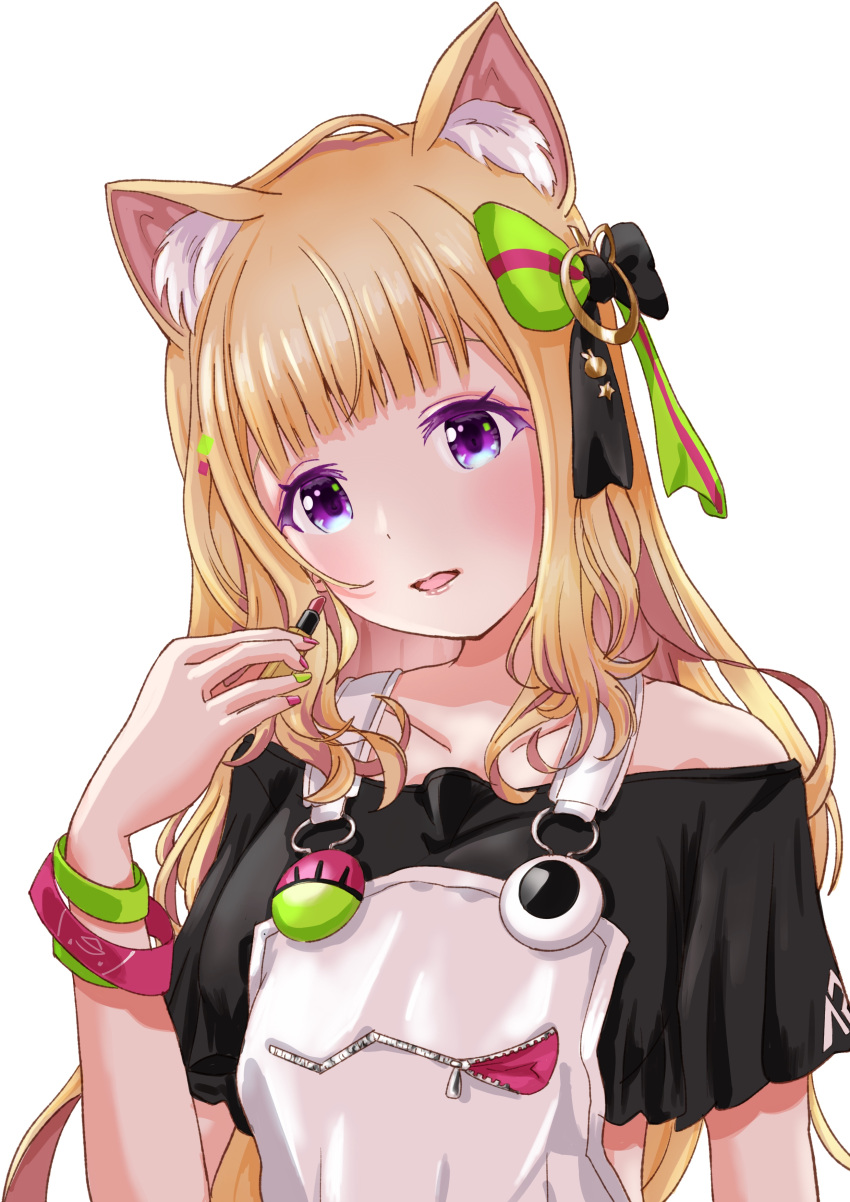1girl, absurdres, aki_rosenthal, animal_ear_fluff, animal_ears, armlet, blonde_hair, hair_ribbon, highres, hololive, lingmu, lipstick, long_hair, makeup, ribbon, virtual_youtuber