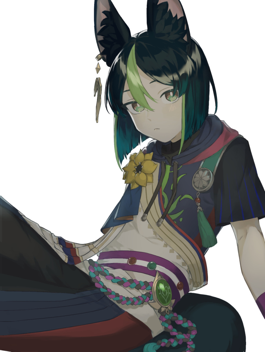 1boy, animal_ear_fluff, animal_ears, black_hair, blue_hair, closed_mouth, earrings, flower