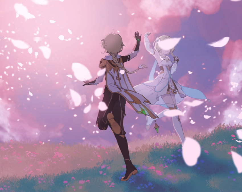 1boy, 1girl, aether_(genshin_impact), black_footwear, black_gloves, blonde_hair, boots, braid