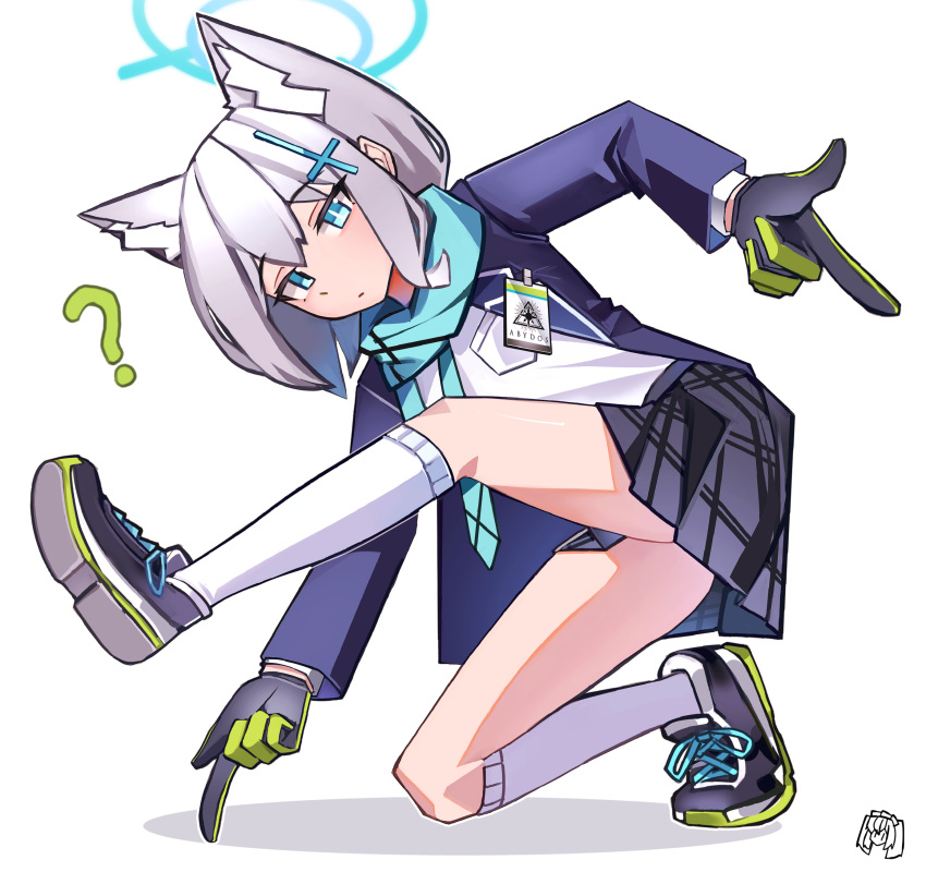 1girl, ?, absurdres, animal_ear_fluff, animal_ears, bent_over, black_jacket, black_skirt, blazer, blue_archive, blue_eyes, blue_necktie, blue_scarf, collared_shirt, commentary_request, cross_hair_ornament, grey_hair, hair_between_eyes, hair_ornament, halo, highres, id_card, index_finger_raised, jacket, kneeling, long_sleeves, looking_at_viewer, medium_hair, mismatched_pupils, necktie, parody, plaid, plaid_skirt, pleated_skirt, scarf, school_uniform, shiroko_(blue_archive), shirt, shoes, sidelocks, simple_background, skirt, sneakers, solo, sonic_(series), sonic_adventure, tsunderemaids, two-tone_gloves, white_background, wolf_ears, wolf_girl