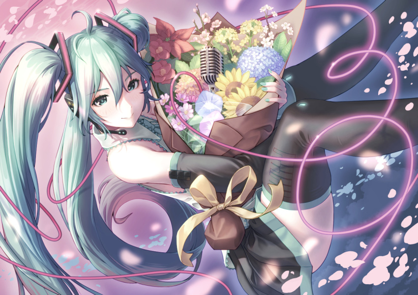 1girl, aqua_eyes, aqua_hair, aqua_necktie, black_skirt, black_sleeves, black_thighhighs, blouse, bouquet, closed_mouth, collared_shirt, commentary_request, detached_sleeves, floating, grey_shirt, guitaristkaz, hair_ornament, hatsune_miku, headset, holding, holding_bouquet, lace-trimmed_collar, lace-trimmed_shirt, lace_trim, long_hair, looking_at_viewer, microphone, miniskirt, necktie, pleated_skirt, shirt, skirt, sleeveless, sleeveless_shirt, smile, solo, thigh-highs, twintails, very_long_hair, vocaloid, zettai_ryouiki