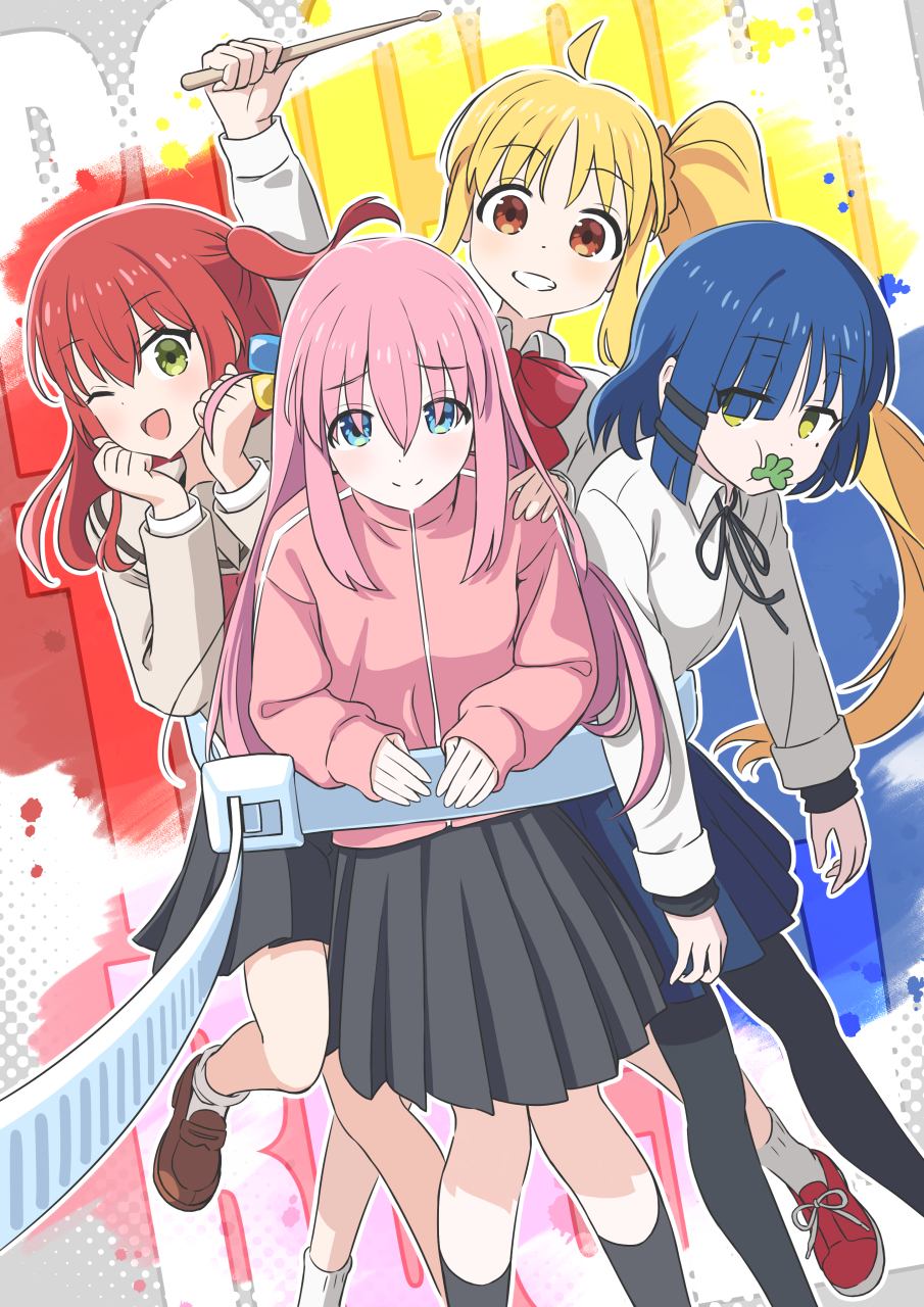 4girls, :t, ;d, ahoge, arm_up, black_pantyhose, black_ribbon, black_skirt