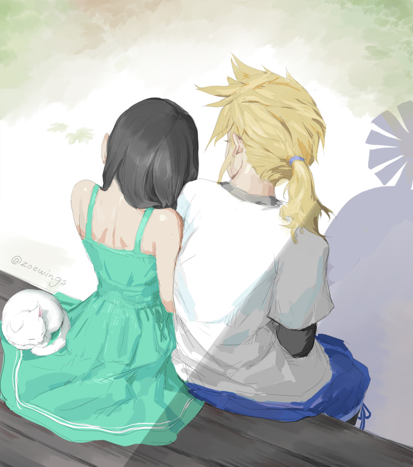 1boy, 1girl, aged_down, animal, aqua_dress, bare_shoulders, black_hair, black_undershirt, blonde_hair, blue_shorts, cat, cloud_strife, commentary, couple, dress, english_commentary, final_fantasy, final_fantasy_vii, final_fantasy_vii_remake, from_above, from_behind, head_on_another's_shoulder, highres, long_hair, looking_at_another, low_ponytail, maru_(ff7), outdoors, shadow, shirt, shorts, sitting, sleeping, sleeveless, sleeveless_dress, spiky_hair, sundress, sunlight, tifa_lockhart, twitter_username, water_tank, water_tower, white_cat, white_shirt, zoewingsz