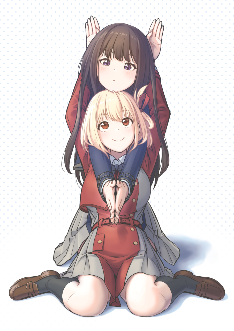 2girls, arms_around_neck, arms_up, belt, black_hair, black_socks, blonde_hair, blue_dress