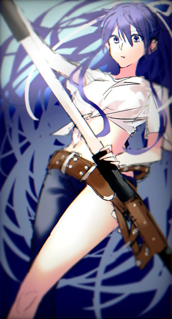 1girl, asymmetrical_clothes, asymmetrical_legwear, belt, black_hair, blurry, blurry_foreground, breasts