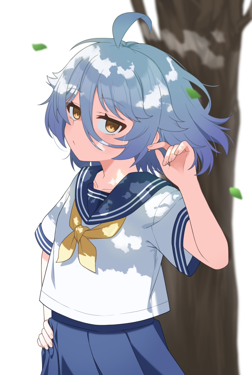 1girl, absurdres, ahoge, alternate_hairstyle, blue_sailor_collar, blue_skirt, gradient_hair, grey_hair