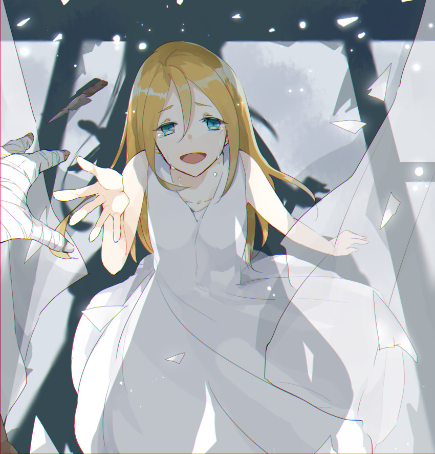 1boy, 1girl, absurdres, bandaged_hand, bandages, blonde_hair, blue_eyes, broken_glass