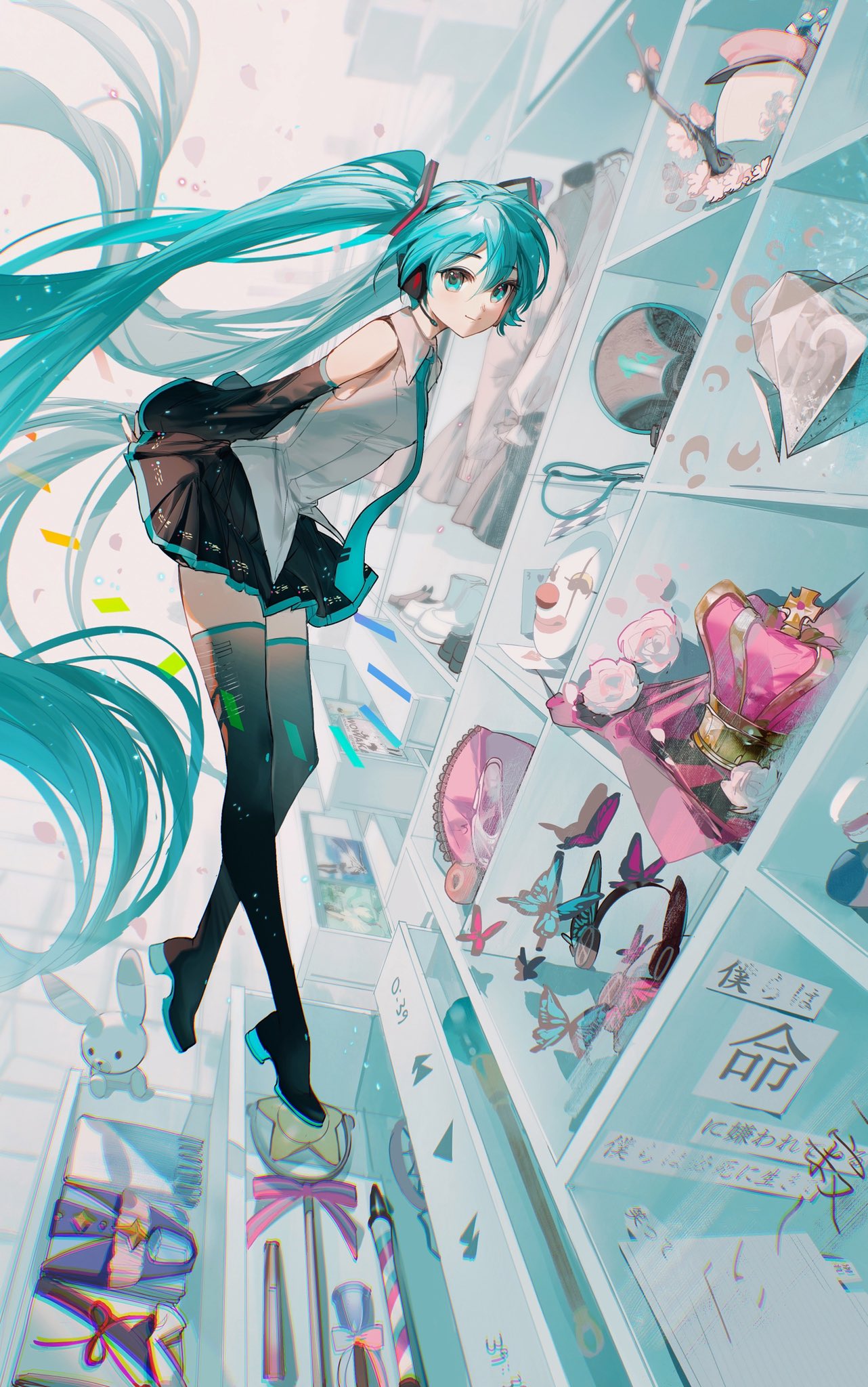 1girl, apple, aqua_eyes, aqua_hair, aqua_necktie, arms_behind_back, bare_shoulders, black_footwear