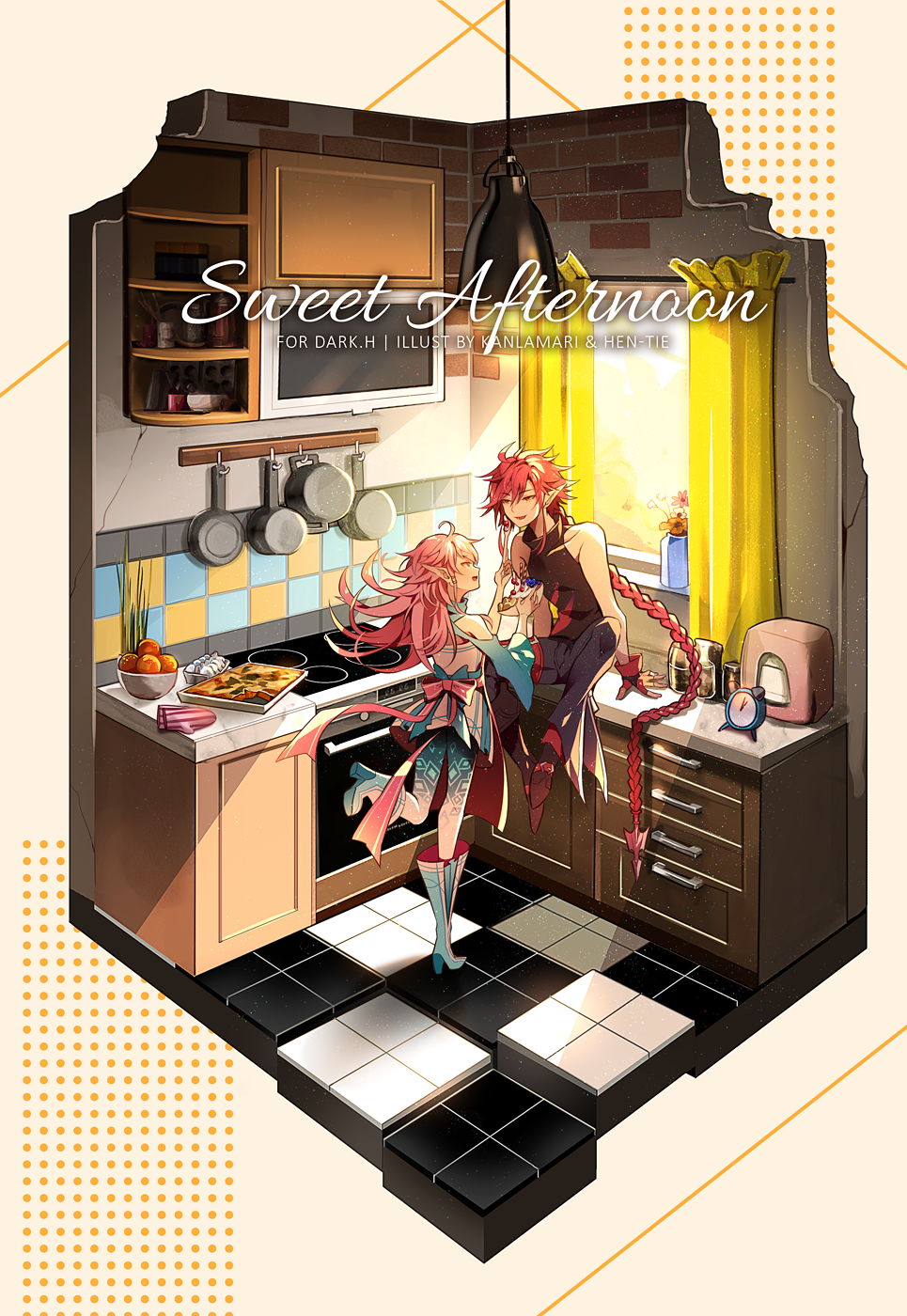 1boy, 1girl, ahoge, alarm_clock, art_trade, back_bow, back_cutout, banter_(dark.h), bare_shoulders, black_shirt, blue_collar, blue_footwear, blue_pants, blue_pantyhose, blue_sleeves, boots, borrowed_character, bow, bowl, braid, brick, brown_footwear, clock, clothing_cutout, collaboration, collar, curtains, diamond_print, diorama, drawer, dress, ear_piercing, english_commentary, english_text, feeding, flower, food, from_behind, fruit, fruit_bowl, full_body, glitter_(dark.h), gloves, gradient_legwear, hen-tie, highres, holding, holding_bowl, holding_food, holding_spoon, indoors, kanlamari, kitchen, knee_boots, lamp, leg_up, long_hair, long_sleeves, low_twin_braids, microwave, orange_(fruit), original, oven, oven_mitts, pants, pantyhose, pie, piercing, pink_bow, pink_flower, pink_hair, pointy_ears, polka_dot, polka_dot_background, red_gloves, redhead, shirt, short_dress, sidelocks, sitting, sleeveless, sleeveless_shirt, spiky_hair, spoon, stove, sunlight, tile_floor, tile_wall, tiles, turtleneck, twin_braids, vase, very_long_hair, watermark, white_dress, white_pantyhose, wide_sleeves, window, yellow_background, yellow_flower