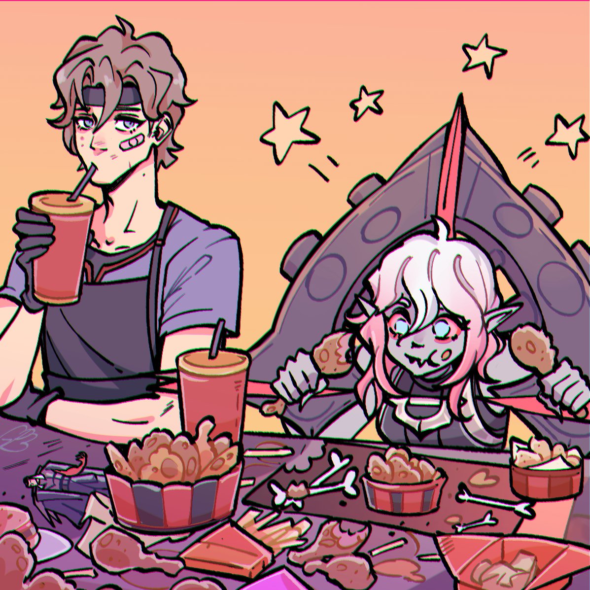 1boy, 1girl, ahoge, bandaid, bandaid_on_face, blue_eyes, blue_shirt, bone