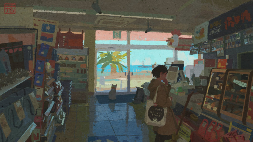 1girl, animal, blue_sky, cat, day, display, highres, indoors, neo1900, ocean, original, painting_(medium), reflection, reflective_floor, security_camera, shop, shore, sky, traditional_media, water