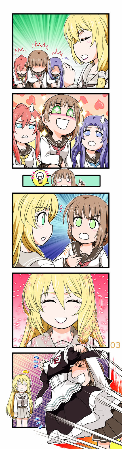 4girls, apron, arianrhod_(eiyuu_densetsu), armband, blonde_hair, blue_eyes, braid, brown_hair