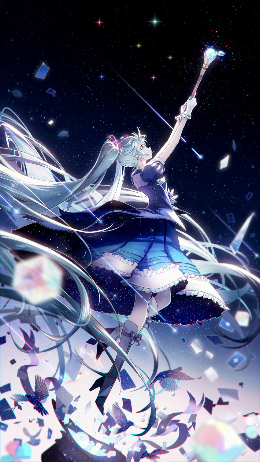 1girl, absurdly_long_hair, absurdres, aqua_hair, arms_up, bird, blue_jacket, blue_skirt