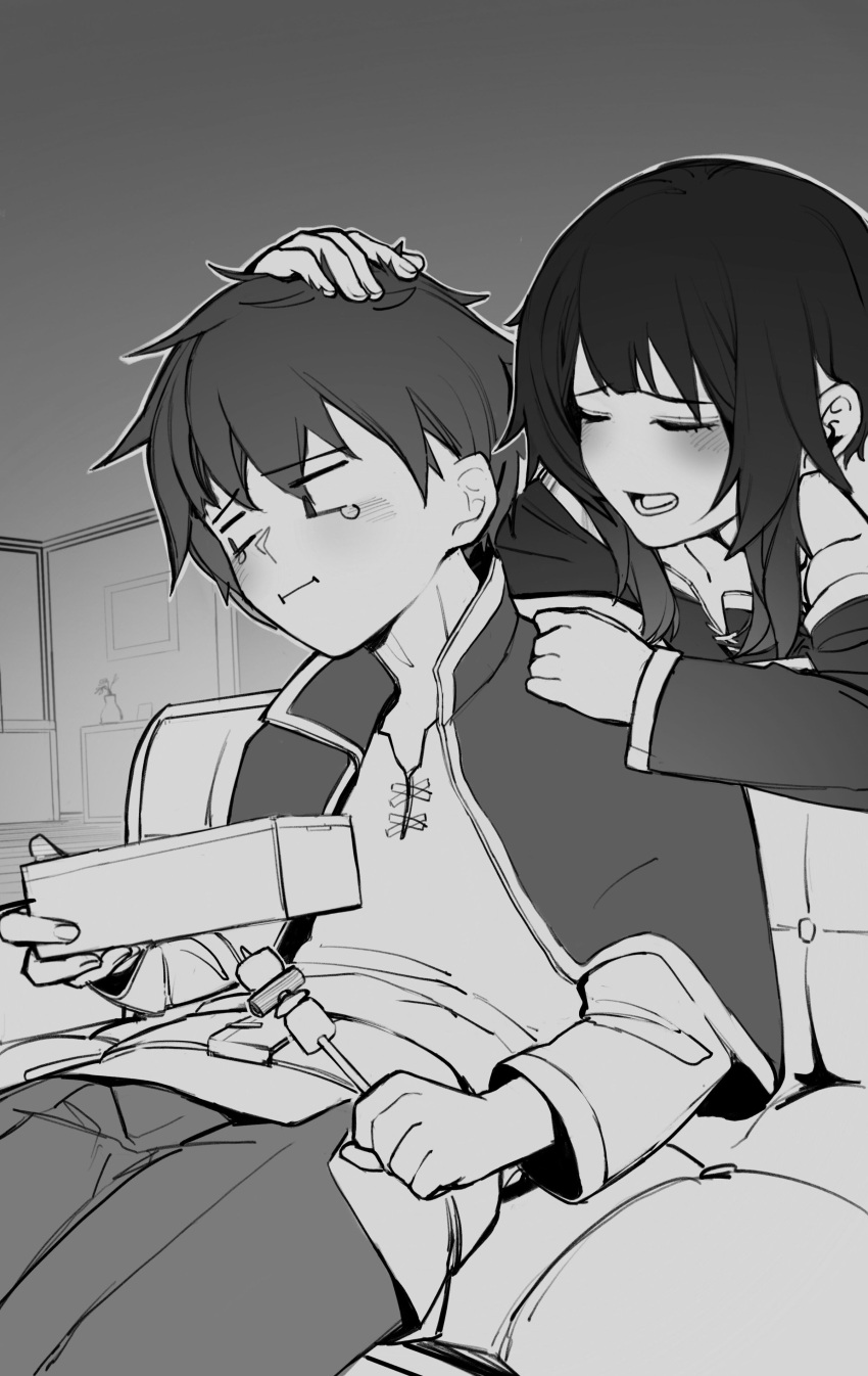 1boy, 1girl, absurdres, blush, brown_hair, cloud_nine_(798392138), dress, highres, kono_subarashii_sekai_ni_shukufuku_wo!, megumin, monochrome, satou_kazuma, short_hair, short_hair_with_long_locks, sitting