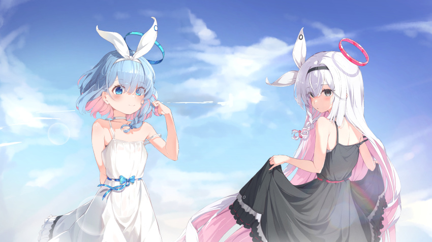 2girls, absurdres, alternate_costume, arm_behind_back, arona_(blue_archive), bare_shoulders, black_dress, black_eyes