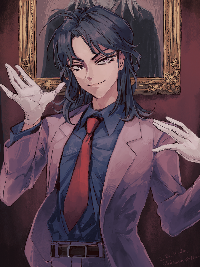 1boy, alternate_color, artist_name, belt, black_belt, black_hair, black_shirt, blazer, closed_mouth, commentary, dated, gloves, ichijou_seiya, jacket, kaiji, long_hair, long_sleeves, looking_at_viewer, male_focus, medium_bangs, necktie, open_clothes, open_jacket, painting_(object), parted_bangs, picture_frame, pink_jacket, red_necktie, shirt, shirt_tucked_in, smile, solo, symbol-only_commentary, unknown03162, upper_body, violet_eyes, white_gloves