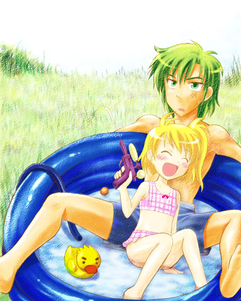 barefoot, blonde_hair, blush, closed_eyes, green_eyes, green_hair, happy, hose