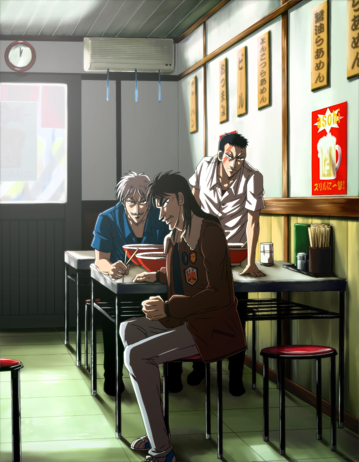 3boys, air_conditioner, akagi:_yami_ni_oritatta_tensai, akagi_shigeru, black_hair, black_pants, blue_shirt, bomber_jacket