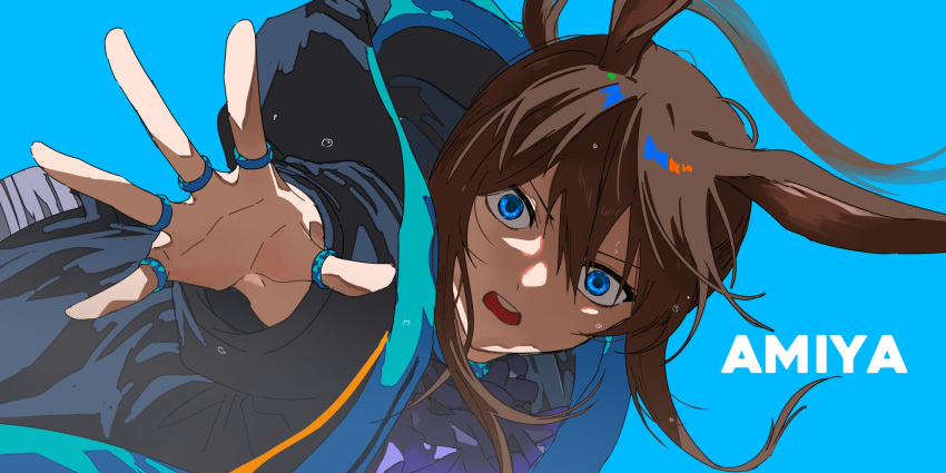 1girl, amiya_(arknights), animal_ears, arknights, ascot, blue_background, blue_collar, blue_eyes, brown_hair, character_name, collar, frilled_ascot, frills, hair_between_eyes, highres, hood, hood_down, hooded_jacket, jacket, jewelry, kamiki19, long_hair, looking_at_viewer, multiple_rings, neck_ring, open_clothes, open_jacket, open_mouth, outstretched_arm, ponytail, purple_ascot, rabbit_ears, rabbit_girl, reaching, reaching_towards_viewer, ring, sidelocks, simple_background, solo, teeth, thumb_ring, upper_body, upper_teeth_only